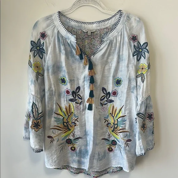 John•Mark Sz Small Embroidered Blue and White 3/4 Sleeve Boho Blouse - Picture 4 of 12